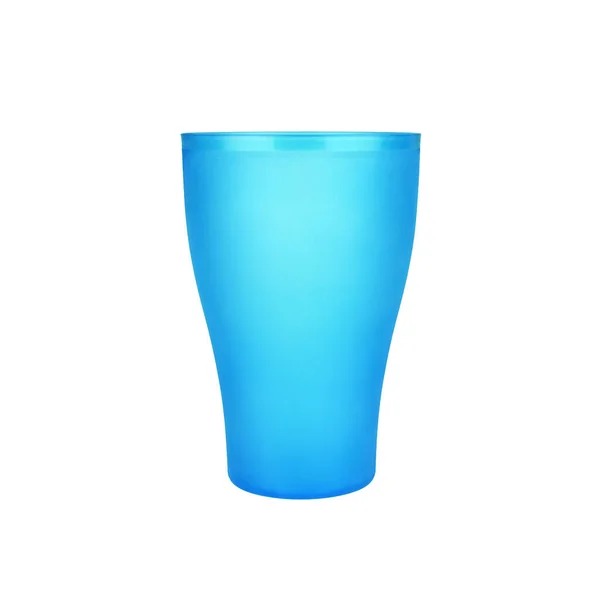 Blaue Leere Plastikbecher Weißer Hintergrund Isolierte Nahaufnahme Einweg Blanko Trinkglas — Stockfoto