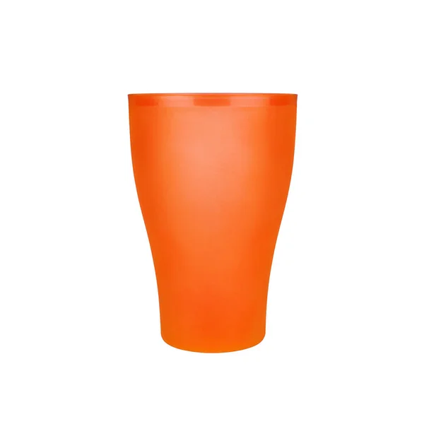 Tasse Plastique Vide Orange Fond Blanc Isolé Gros Plan Verre — Photo