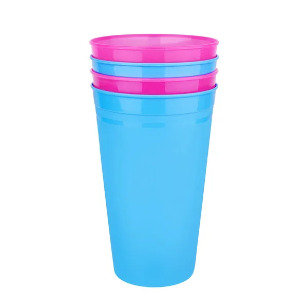 Blue Pink Empty Plastic Cups Stack White Background Isolated Close — Stock Photo, Image