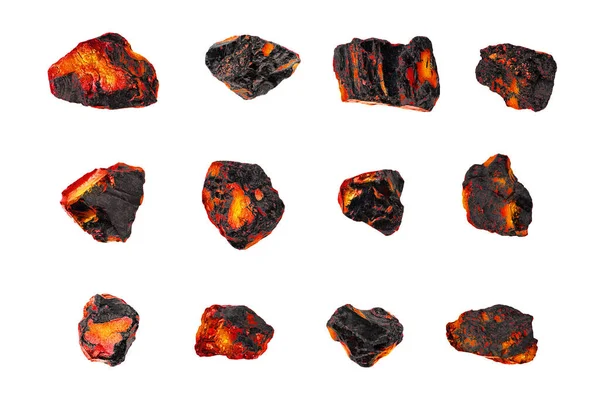 Red Hot Coal Stones Set Isolated White Burning Natural Black — Stock Photo, Image