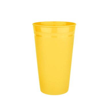 Sarı boş plastik bardak beyaz arka plan izole edilmiş, tek kullanımlık boş içki bardağı, içecek, kokteyl, soğuk su, sıcak kahve fincanı, çay, meyve suyu, sofra takımı tasarımı, çatal, kap modeli