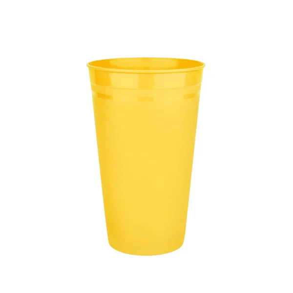 Geel Leeg Plastic Bekertje Witte Achtergrond Geïsoleerd Close Wegwerpglas Drank — Stockfoto