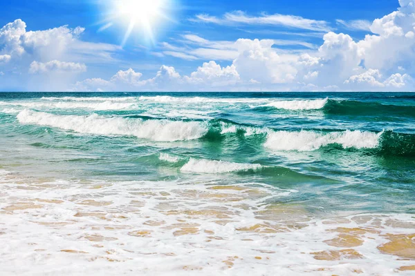 エキゾチックな熱帯の楽園の島のビーチ ターコイズブルーの海の水 海の波 青い空の白い雲 美しい熱帯の自然の景色 夏休み カリブ海の休暇 旅行風景 — ストック写真