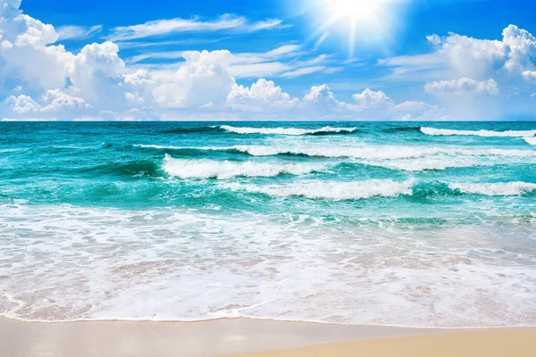 エキゾチックな熱帯の楽園の島のビーチ ターコイズブルーの海の水 海の波 青い空の白い雲 美しい熱帯の自然の景色 夏休み カリブ海の休暇 旅行風景 — ストック写真
