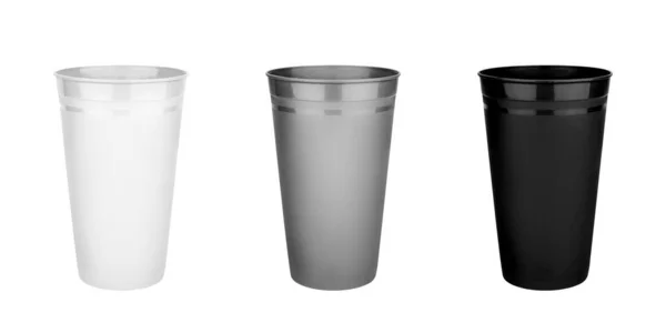 Negro Blanco Gris Vasos Plástico Vacíos Conjunto Primer Plano Aislado — Foto de Stock