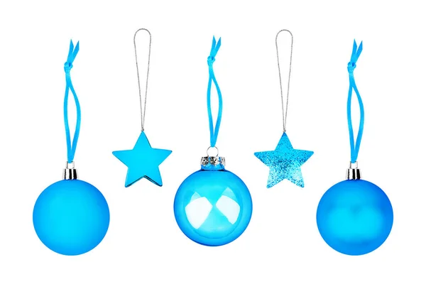 Decoraciones Árbol Navidad Azul Conjunto Fondo Blanco Aislado Cerca Colgando — Foto de Stock