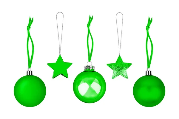 Grüne Christbaumschmuck Set Weißen Hintergrund Isoliert Nahaufnahme Hängende Glaskugeln Und — Stockfoto