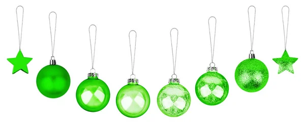 Grüne Christbaumschmuck Set Weißen Hintergrund Isoliert Nahaufnahme Hängende Glaskugeln Und — Stockfoto