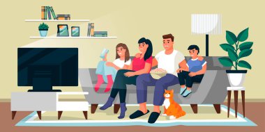 Aile oturma odasında televizyon izliyor. Baba, anne ve iki çocuk kanepede birlikte otururlar. Vektör düz çizgi film çizimi. Ev sineması, kapalı mekan hafta sonu eğlence konsepti..
