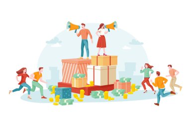 Bir arkadaşa atıfta bulun, vektör düz çizgi film çizimi. Hoparlörlü bir adam ve bir kadın hediye kutularının üzerinde duruyor ve arkadaşlarını arıyor. Ticari pazarlama, referans ağ programı kavramı.