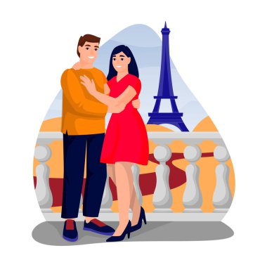 Genç mutlu çiftin Paris 'e romantik bir balayı gezisi var. Nişan veya Sevgililer Günü 'nün vektör düz karikatür çizimi. Eiffel Kulesi 'nin yakınında aşık bir kadın ve erkek..