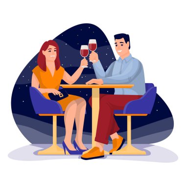 Genç mutlu çiftin açık hava restoranında romantik bir randevusu var. Vektör düz çizgi film çizimi ya da sevgililer günü. Kadın ve erkek kırmızı şarap içer.