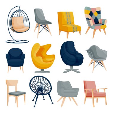 Modern koltuk seti, beyaz arka planda izole edilmiş. Daire içi mobilya tasarımı elementleri. Ev ve ofis sandalyesi ikonları. Vektör düz çizgi film illüstrasyonu.