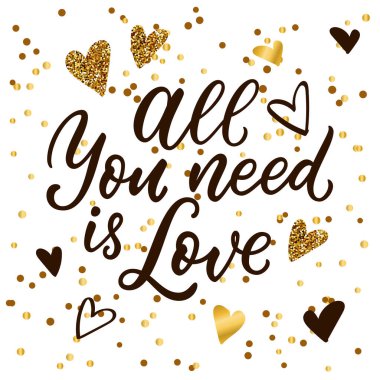 İhtiyacın olan tek şey, kaligrafi yazısı, siyah ve altın kalp dekorasyonu. Vektör çizimi. Lüks modern afiş, poster, davetiye beyaz arka plan