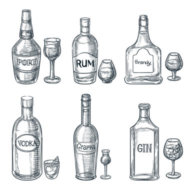 Alkol şişe ve bardak içer. Vektör el çizimi izole bir çizim. Bar menüsü tasarım elemanları. Port, rom ve cin antika taslak simgeleri ayarlandı