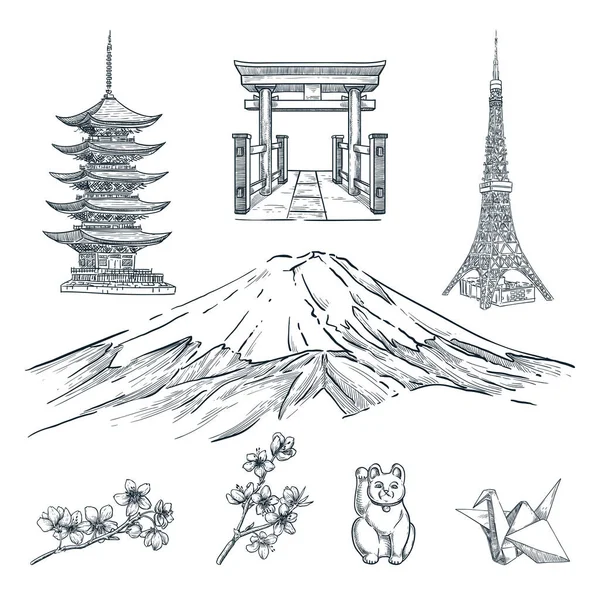 日本への旅行手描きのデザイン要素 富士山 桜の枝 塔やお土産のベクトルスケッチ図 白を基調とした東京のシンボル — ストックベクタ