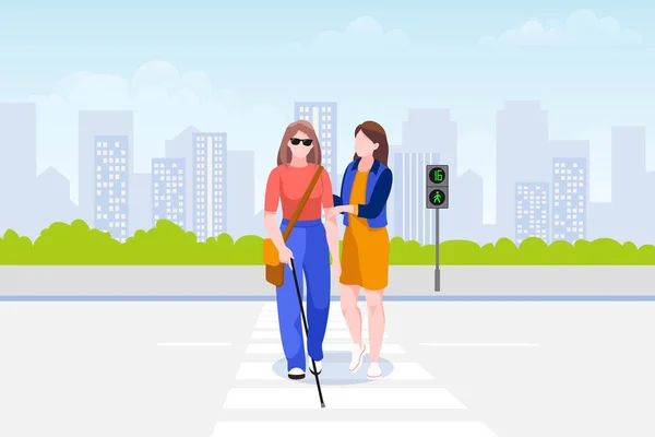 Junge Frau Hilft Blinder Mit Stock Beim Überqueren Der Straße — Stockvektor