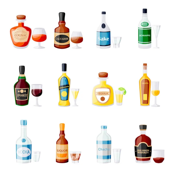 Beber Alcohol Botellas Vasos Dibujos Animados Planos Vectoriales Ilustración Aislada — Vector de stock