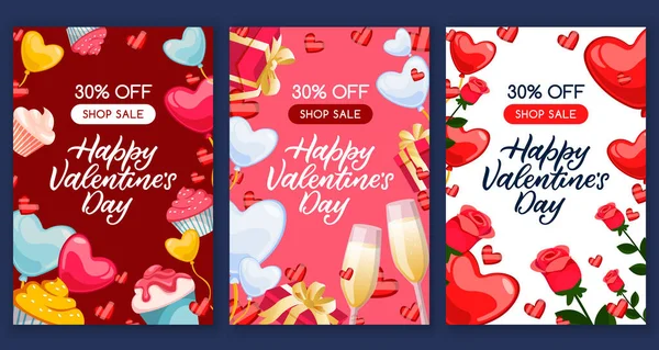 Feliz Día San Valentín Venta Pancartas Conjunto Cartas Caligrafía Saludando — Vector de stock