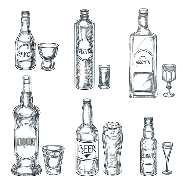 Bouteilles Verres Alcool Croquis Vectoriel Dessiné Main Illustration Isolée Barre — Image vectorielle