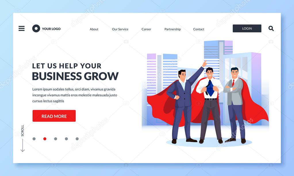 Three businessmen in red superhero cloaks against cityscape. Vector business illustration for web landing page, banner, poster design. Concept of achievement, leadership, successful career
