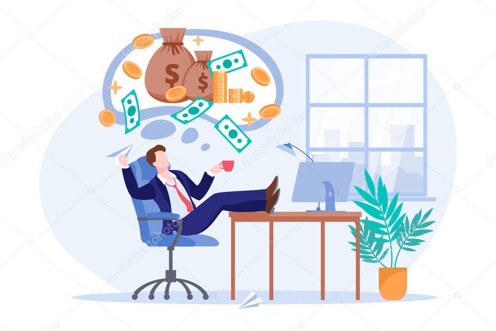 Entrepreneur investor thinks about money profit or investment income. Lazy office worker or clerk dreams of passive income. Vector flat cartoon illustration of businessman character.