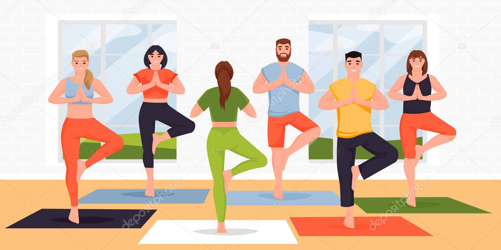 Yoga class vector flat cartoon illustration. Young women and men practicing yoga exercise and meditation with instructor in modern studio. Concept of active healthy lifestyle.