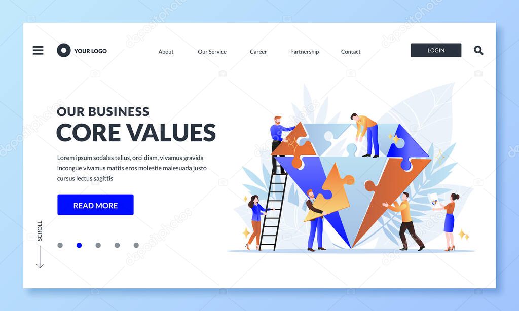 Business core value and company corporate mission concept. Vector flat cartoon illustration for web landing page, banner design template. People team assemble diamond shape puzzle