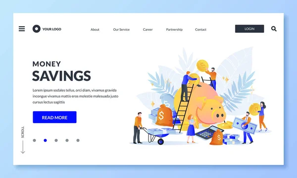 お金の経済と貯蓄または退職貯蓄の概念 ベクトルイラスト 若い人たちは貯金箱にお金を入れる チャリティ寄付やビジネスクラウドファンディングランディングページ バナーデザインテンプレート — ストックベクタ