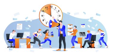 Proje bitiş tarihi ve fazla mesai iş konsepti. Vektör düz çizgi film karakterleri çizimi. CEO ofis çalışanlarına baskı yapıyor. Düzenlenmemiş iş ve zaman yönetimi sorunları.