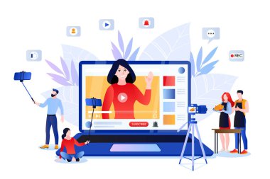 Sosyal ağlar için Vlog ve moda video içeriği oluşturma. Yaşam tarzı blogcularının ve etkilenenlerin vektör düz çizgi film çizimi. İnternet medyası modern dijital teknoloji kavramı.