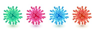 Coronavirus, grip virüsü, mikroorganizma, beyaz arka planda izole edilmiş. Vektör 3d soyut virüsler veya bakteri kümesi. Tıp bilimi ve mikrobiyoloji tasarım elementleri.
