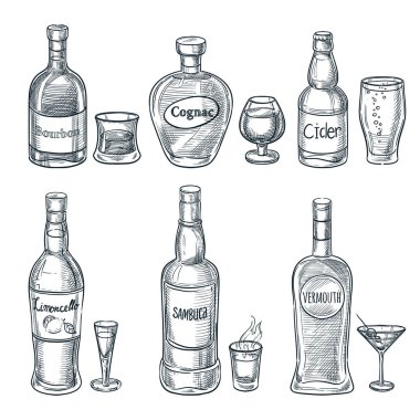 Alkol şişe ve bardak içer. Vektör el çizimi izole bir çizim. Bar menüsü tasarım elemanları. Burbon, konyak ve martini klasik taslak simgeleri.
