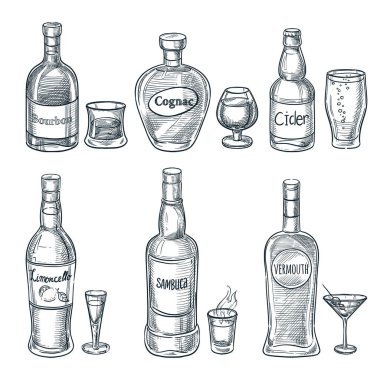 Alcohol drink bottles and glasses. Vector hand drawn sketch isolated illustration. Bar menu design elements. Bourbon, cognac and martini vintage outline icons set clipart