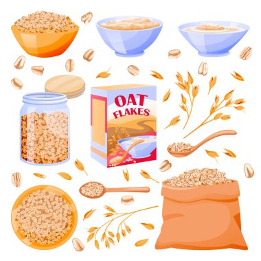 Oats cereal ears, grain in sack. Oatmeal porridge in glass jar and bowl. Vector flat cartoon illustration. Breakfast food design elements, isolated on white background clipart