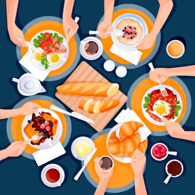 İnsanlar kahvaltı yapar. Brunch yemeğinin düz çizgi film çizimi. Yumurta, kahve, waffle, yulaf lapası, kruvasan ve çay fincanları. Sabah yemeği menüsü tasarım elementleri.