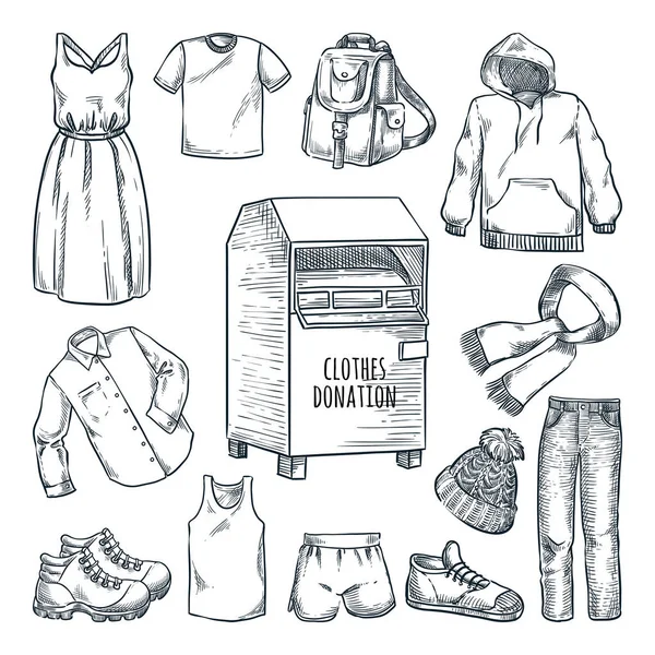 Návrhové Prvky Dárcovství Oblečení Vektorový Ručně Kreslený Náčrt Městský Odpadkový — Stockový vektor