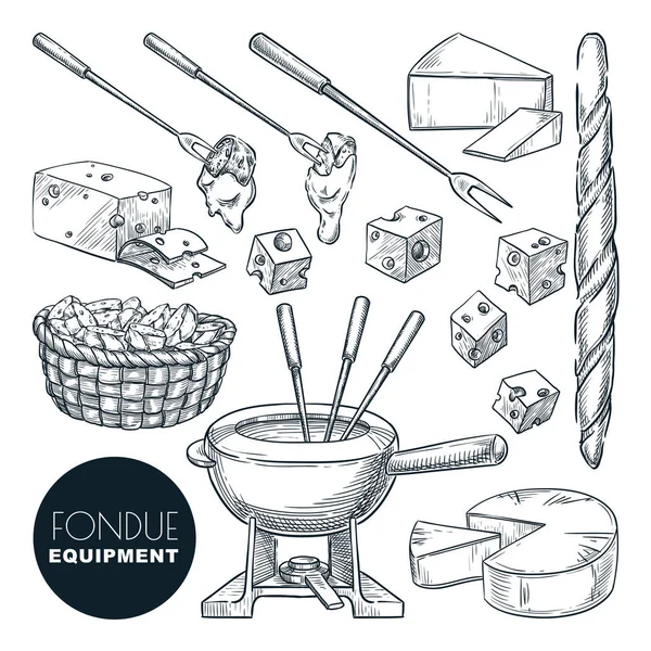 Kaas Fondue Verse Ingrediënten Apparatuur Vector Hand Getekend Schets Voedsel — Stockvector