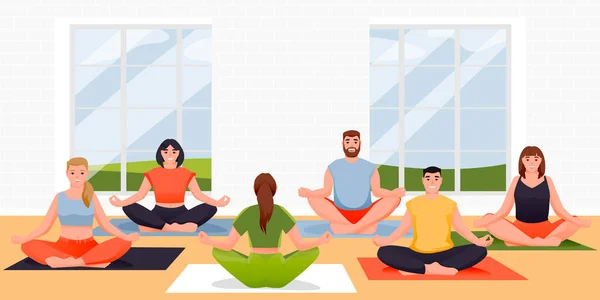 Yoga Class Vector Flat Cartoon Illustration People Sitting Lotus Position — Stock Vector
