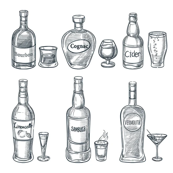 Bouteilles Verres Alcool Croquis Vectoriel Dessiné Main Illustration Isolée Barre — Image vectorielle