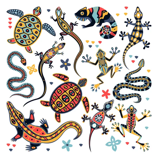 Buntes Reptilien Set Vektorflache Cartoon Illustration Dekorative Tiersammlung Sommer Design — Stockvektor