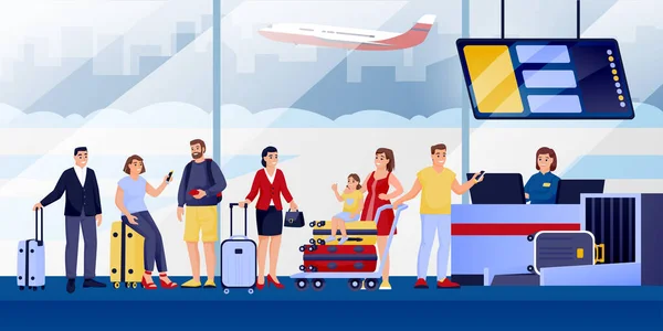Регистрация Рейс Терминале Аэропорта Векторная Плоская Иллюстрация Путешествуют Пассажиры Багажом — стоковый вектор
