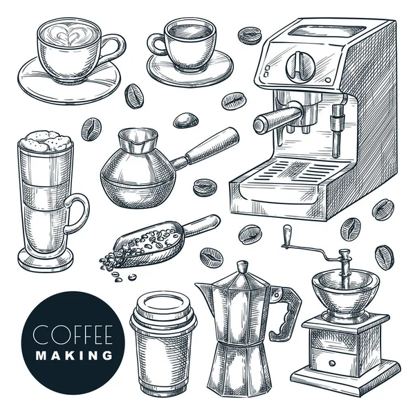 Koffie Maken Pictogrammen Ingesteld Vector Hand Getekend Schets Illustratie Beker — Stockvector