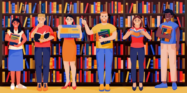 Молодые Улыбающиеся Люди Книгами Книжном Магазине Студенты Университетской Библиотеке Книжных — стоковый вектор