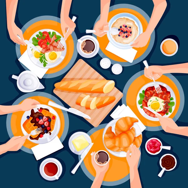 Mensen Ontbijten Top View Platte Cartoon Illustratie Van Brunch Maaltijd — Stockvector