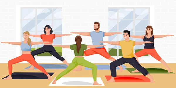 Mujeres Hombres Jóvenes Practicando Ejercicio Yoga Meditación Con Instructor Estudio — Archivo Imágenes Vectoriales