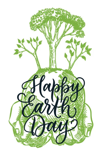 ハッピーアースデイ書道レタリング バナーポスターデザインテンプレート ベクトルハンドは緑の木で地球惑星を保持する手の孤立したイラストを描いた 生態学の概念 — ストックベクタ