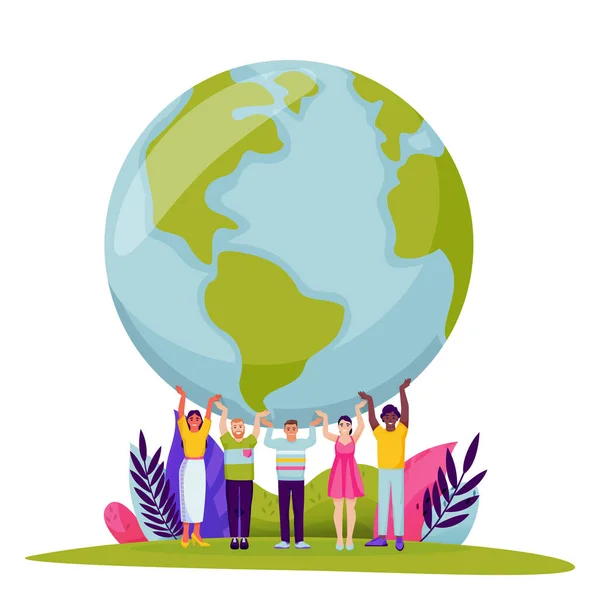 Diversity People Holding Earth Planet Vector Flat Cartoon Illustration Earth — Stock Vector