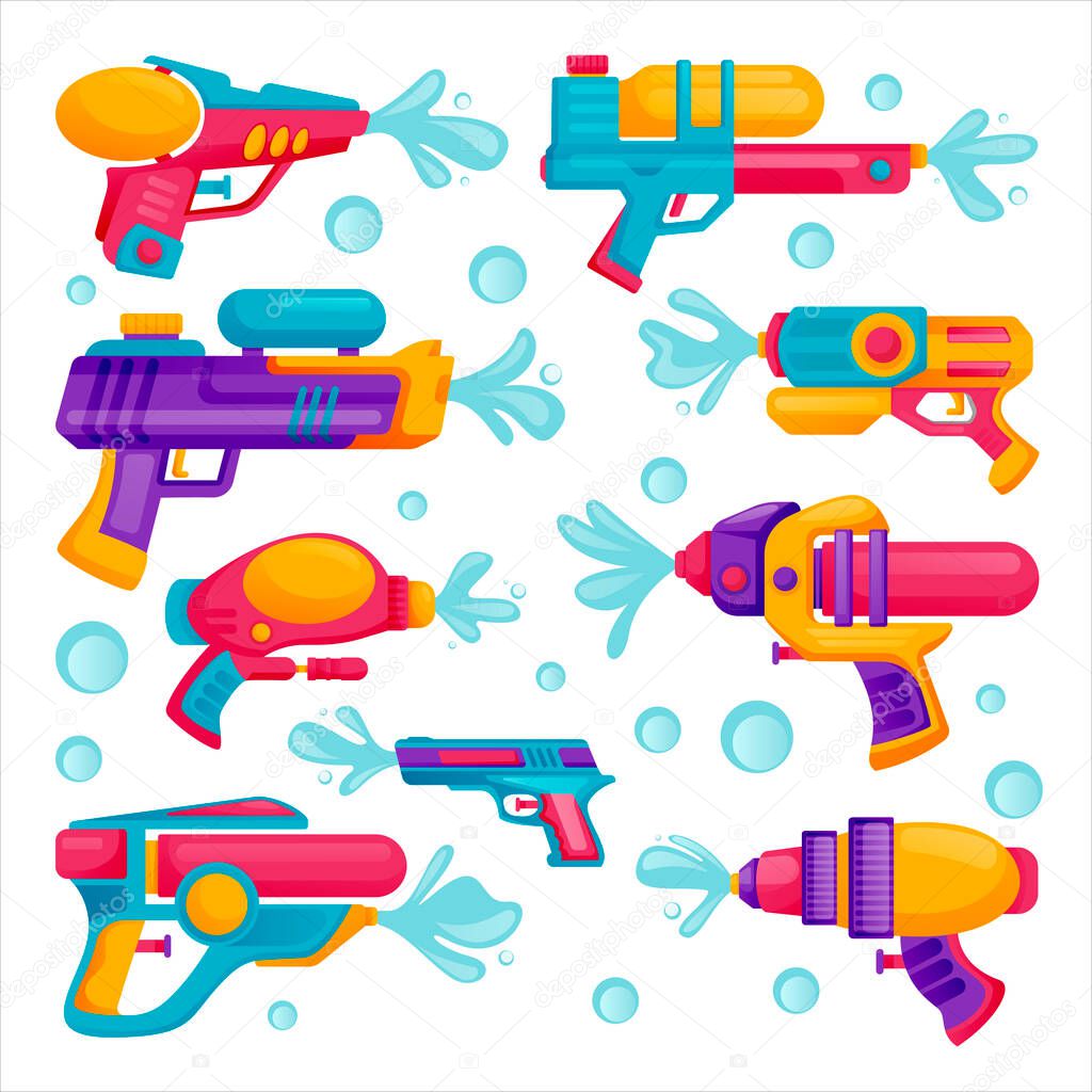 Water guns icons set, isolated on white background. Vector flat cartoon illustration. Multicolor kids water toys for playing on summer beach.