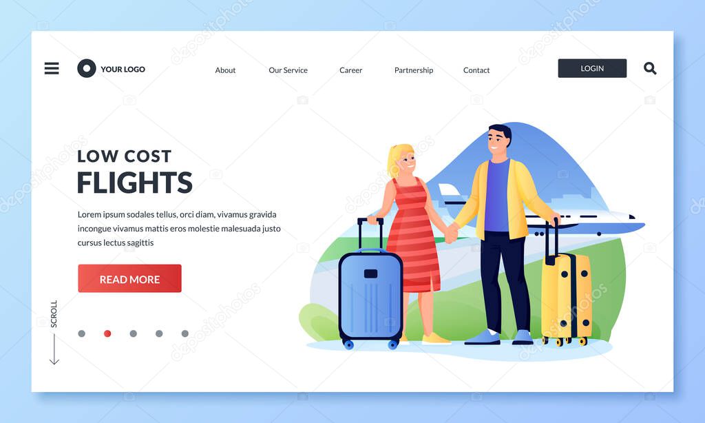 Couple travels by airplane. Man and woman with luggage in airport. Cartoon tourists characters. Vector flat illustration for web landing page banner. Concept of low cost flights and cheap air travel